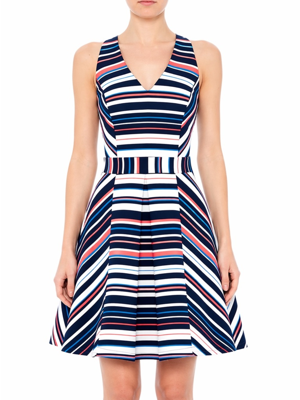 Adelyn Rae Striped V-Neck Fit & Flare Dress in Navy, White & Coral - Picture 3 of 9